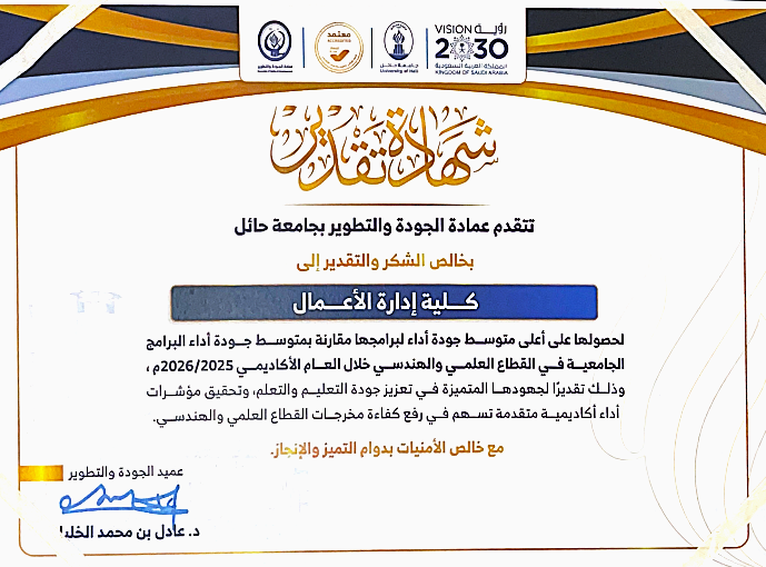 The College of Business Administration achieved the highest average performance quality for its academic programs during the 2025-2026 academic year, and also achieved excellence in Jahezia exams.